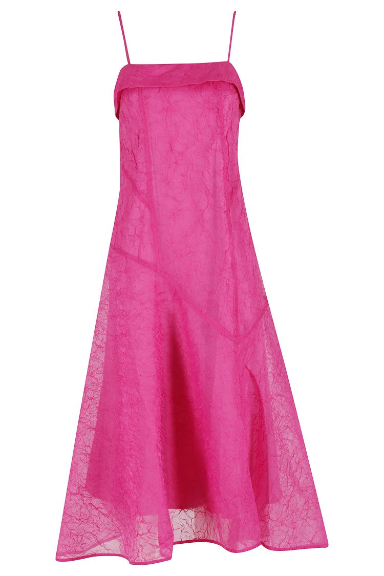 Ganni Raspberry Shibori Organza Asymmetric Recycled-Polyester Midi Dress