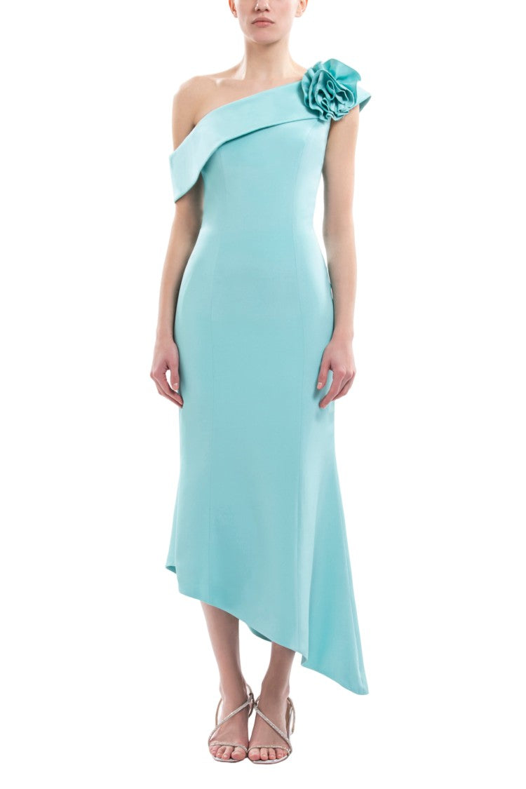 Saiid Kobeisy Asymmetrical Antigua Sand Midi Dress With Detachable Floral Embellishment