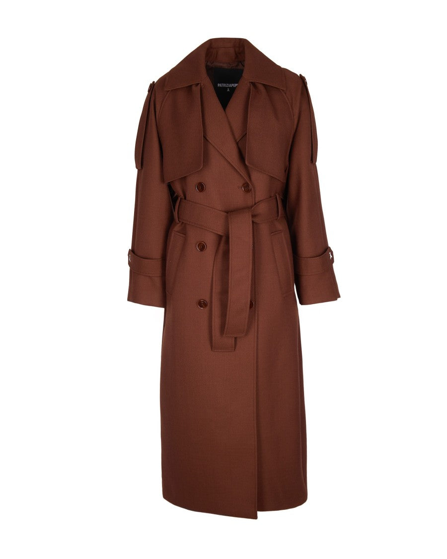 Patrizia Pepe Brown Wool Blend Trench Coat With Belted Waist