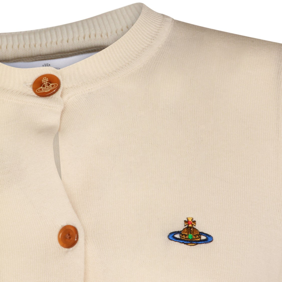 Vivienne Westwood Cropped White Cardigan With Brown Button Closure