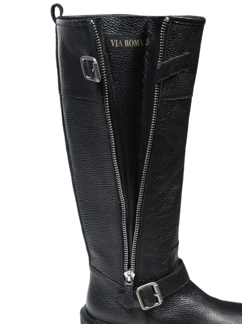 Via Roma 15 Tall Biker Boots With Central Zip And Adjustable Straps