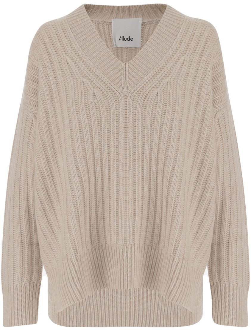 Allude V-Neck Cashmere Sweater With Rib Knitting And Elasticized Edges
