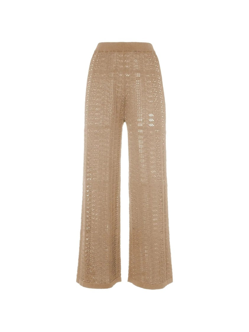 Malo Brown Wide-Leg Open-Knit Cotton Pants