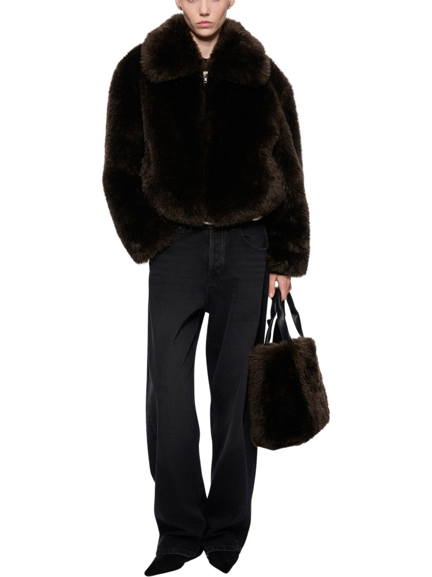 Stand Studio Plush Cropped Jacket With Wide Collar And Zipper Closure