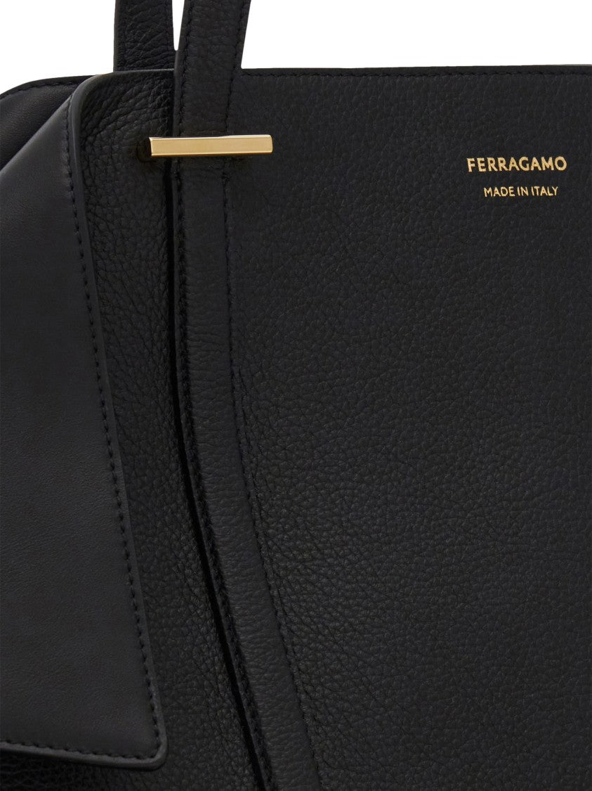 Ferragamo Structured Black Leather Tote Bag With Gold Accents