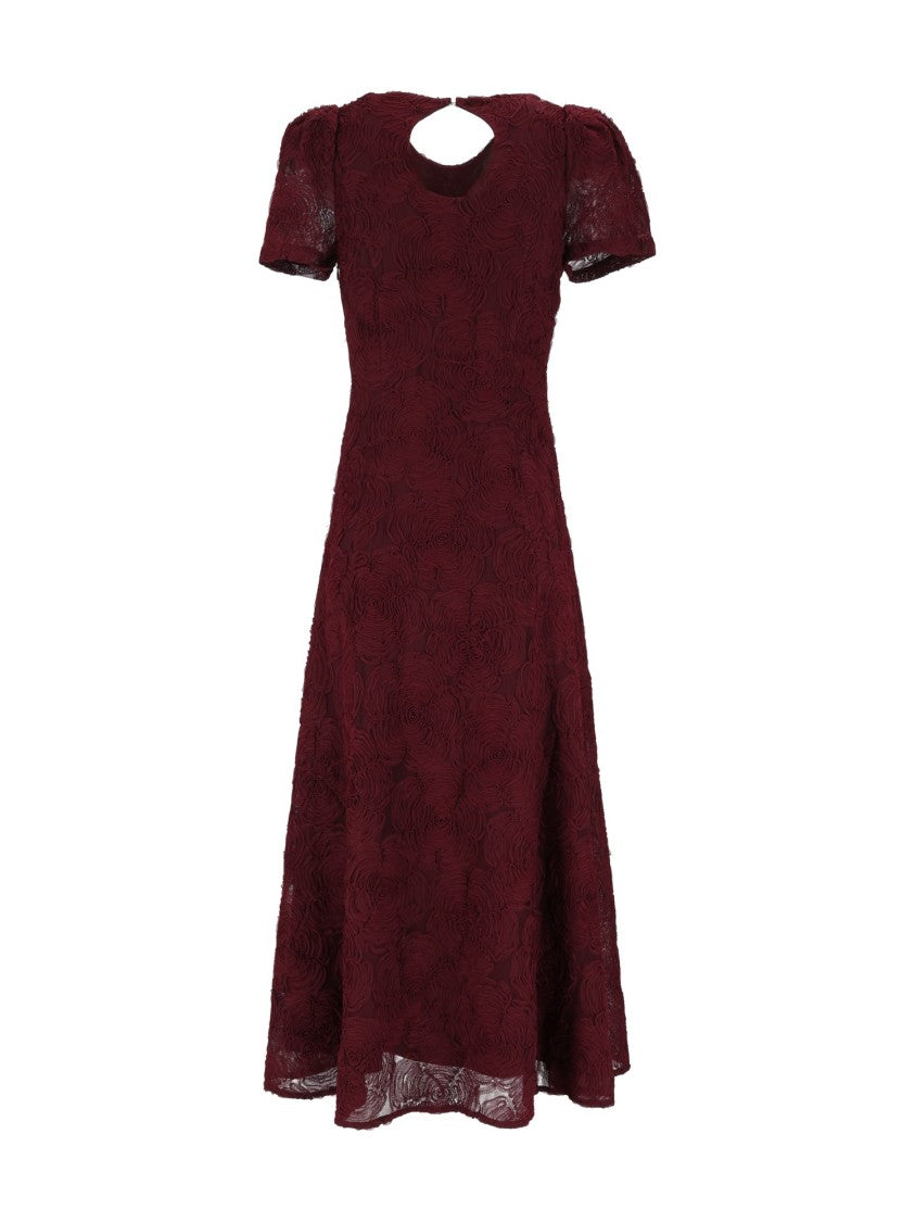 Rotate Brown Slim-Fit Floral Mesh Flared Midi Dress