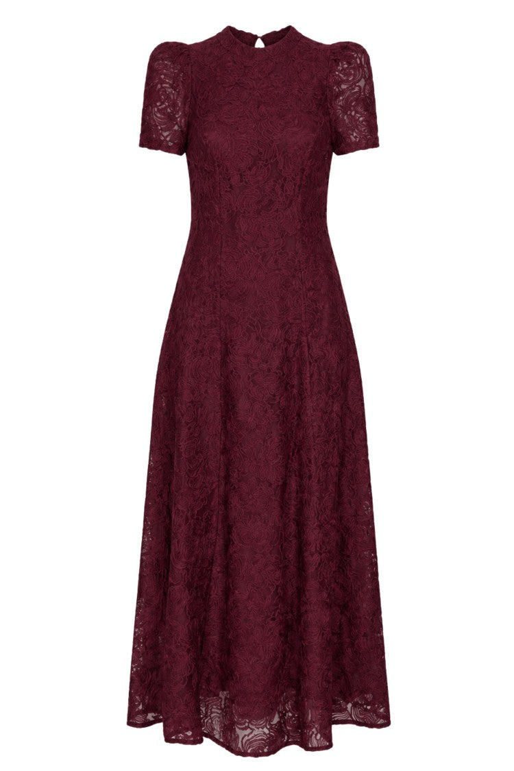 Rotate Burgundy Textured Floral Applique Mesh Flared Maxi Dress