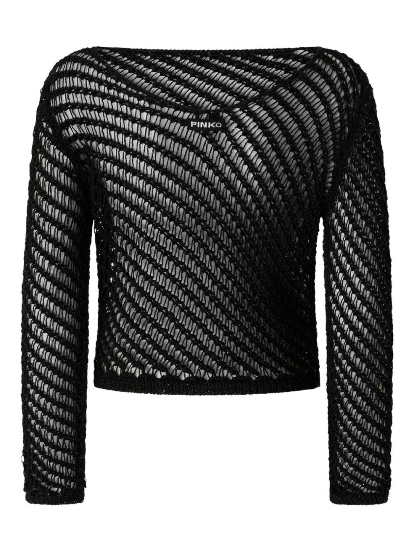 Pinko Cropped Black Sweater With Open-Knit Diagonal Stripes