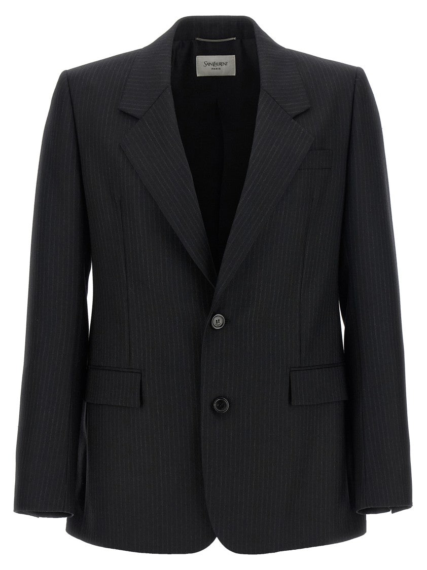 Saint Laurent Pinstripe Wool Blazer With Satin-Lined Interior