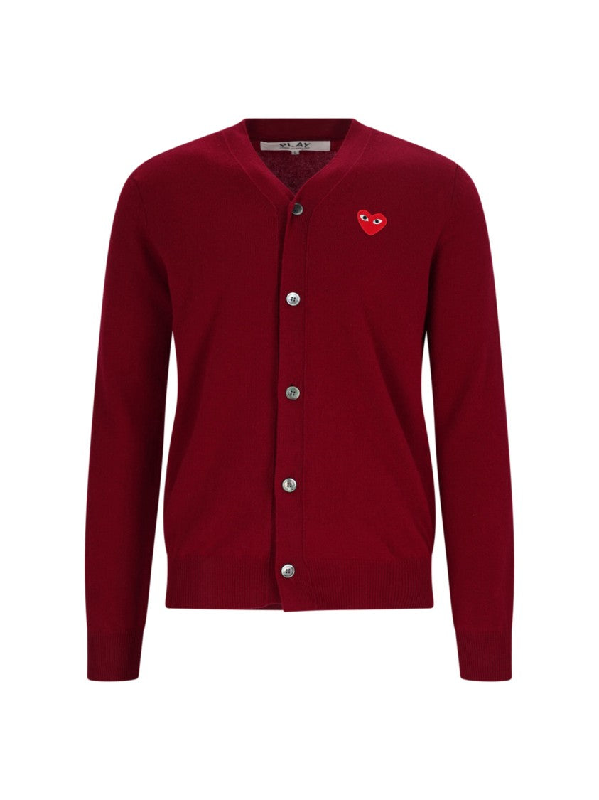 Comme Des Garçons Burgundy V-Neck Iconic Heart Wool Cardigan