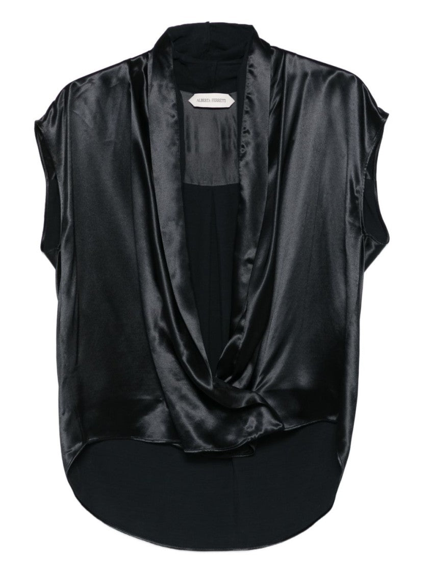 Alberta Ferretti Shiny Black Satin Sleeveless Shirt