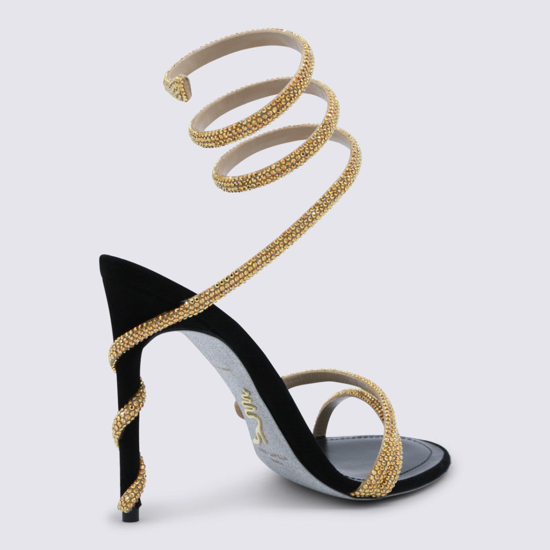 René Caovilla Black And Gold Leather Sandals