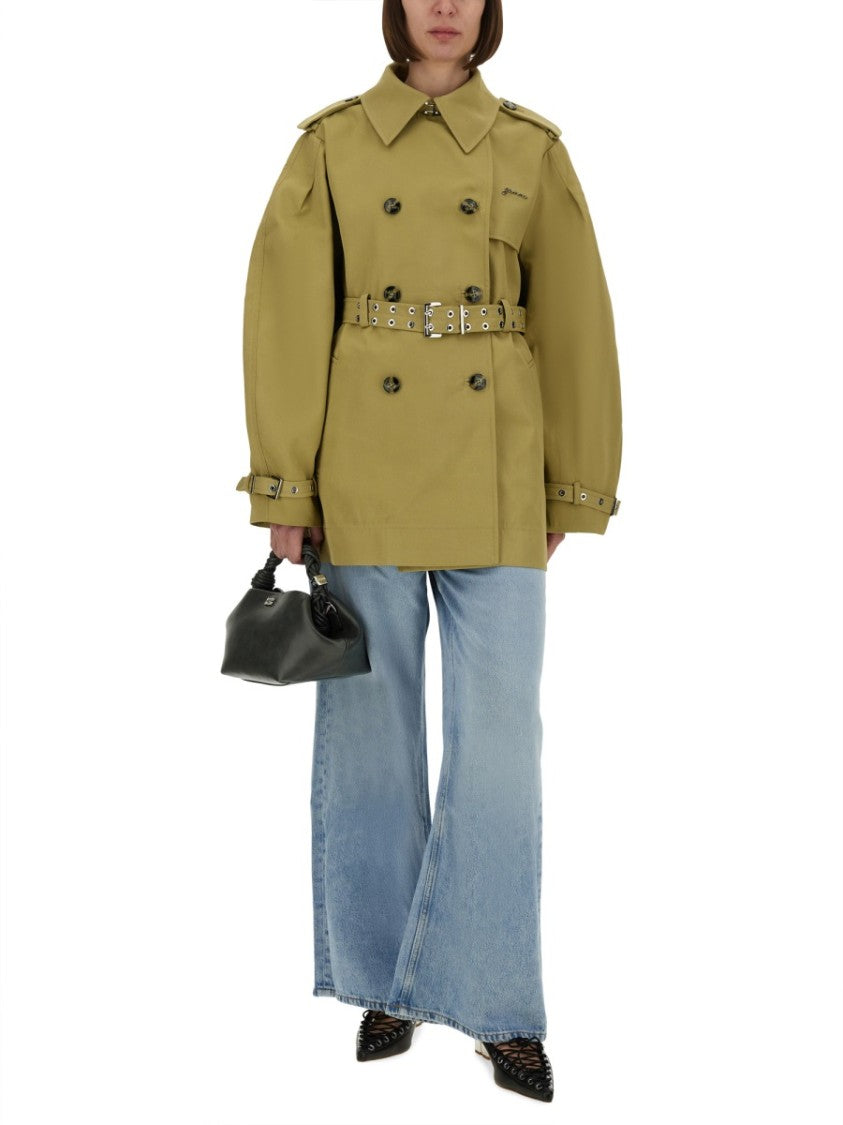 Ganni Double-Breasted Midi Trench Coat With Oversized Sleeves