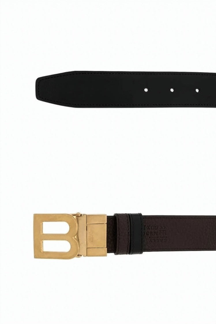 Bally Textured Dark Brown Leather Belt With Gold-Tone 'B' Buckle