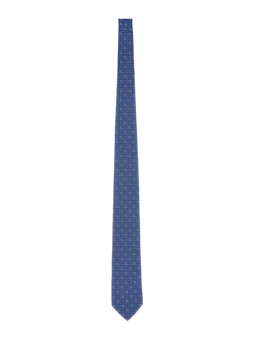 Ferragamo Blue Silk Tie With Gancini Print And Polished Finish