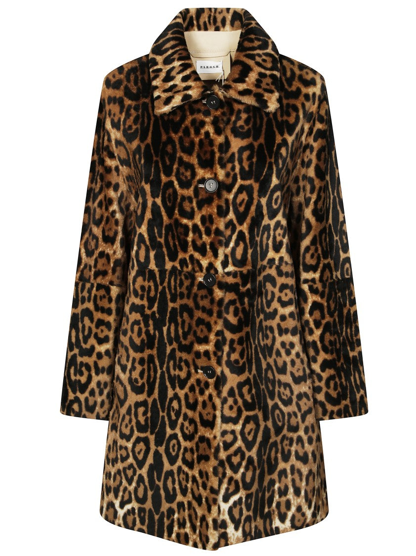 Parosh Camel And Black Leopard Print Shearling Coat