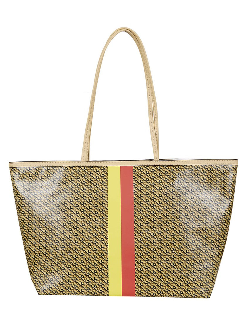 Tory Burch Racer Tote Bag With Bold Stripes And Clip Closure
