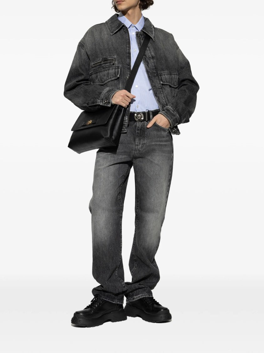 Versace Black Blouson Denim Cropped Washed Jacket