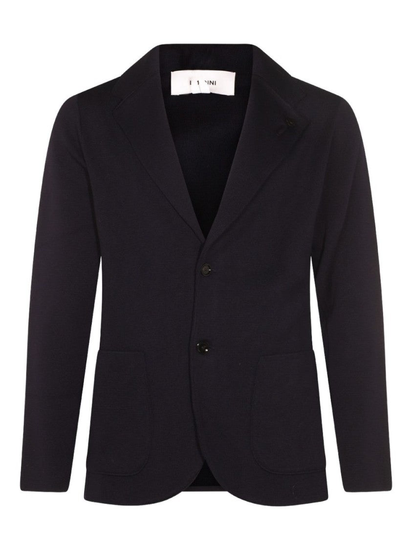 Lardini Structured Dark Blue Wool Jacket With Notched Lapel
