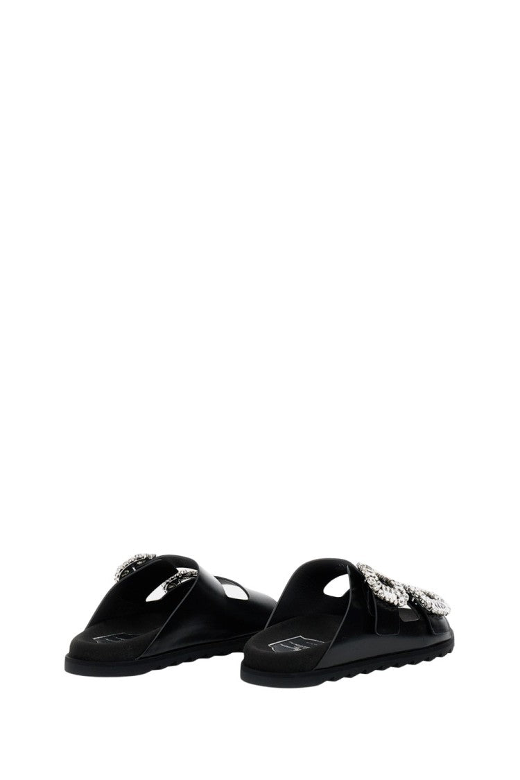 Roger Vivier Flat Black Sandals With Crystal Embellishments