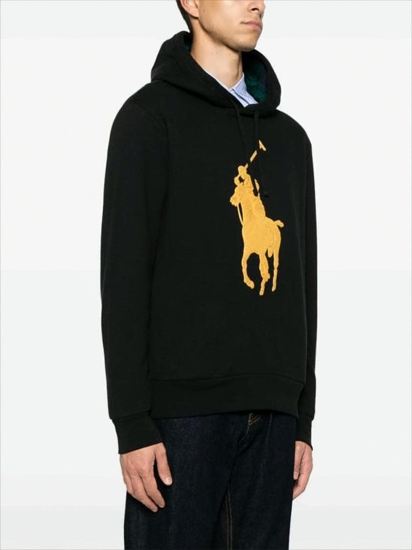 Polo Ralph Lauren Black Hoodie With Bold Yellow Polo Graphic And Plaid Lining