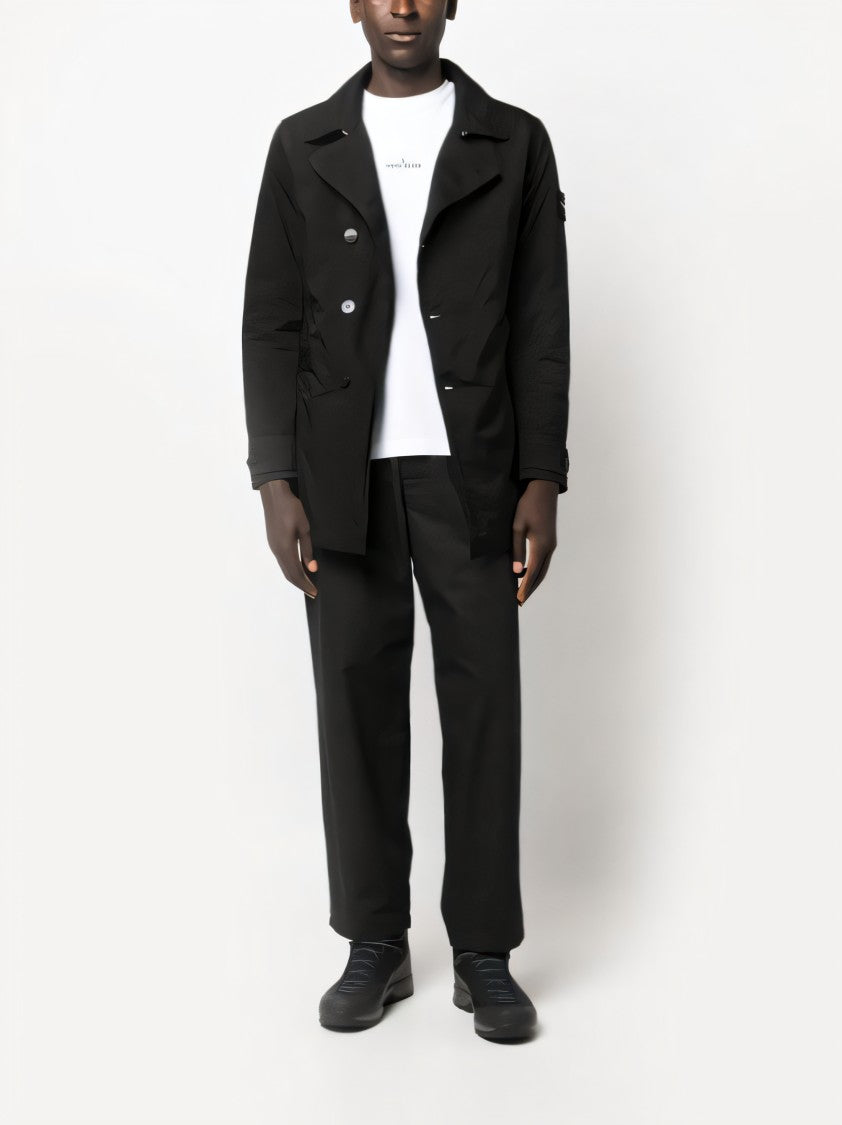 Stone Island Structured Black Coat With Button-Up Front