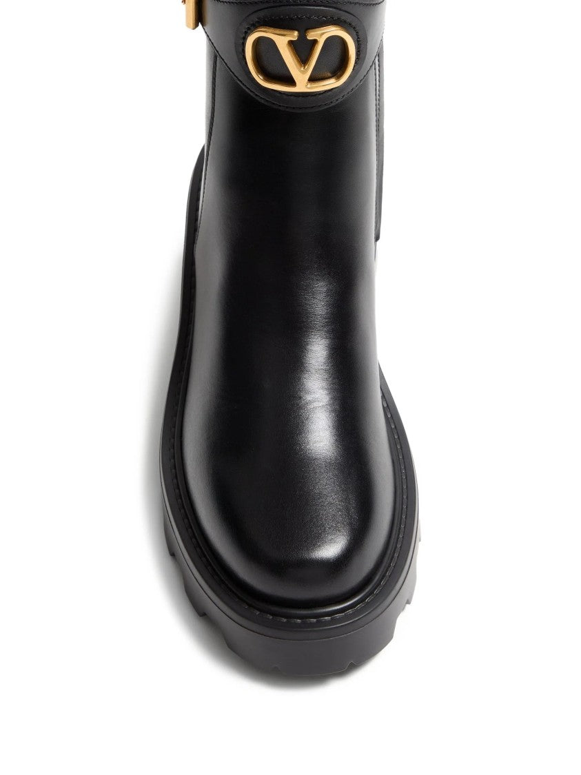 Valentino Black Leather Ankle Boots With Gold-Tone Logo And Chunky Sole