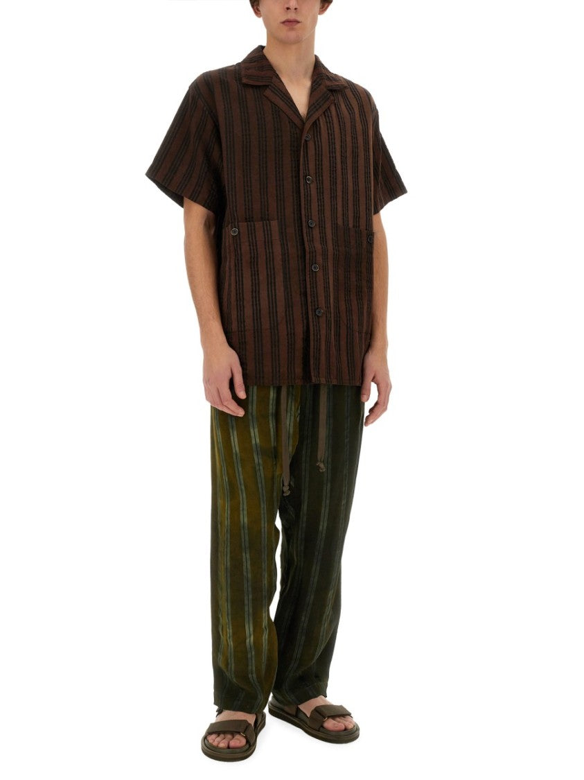 Uma Wang Striped Shirt With Oversized Collar And Textured Fabric
