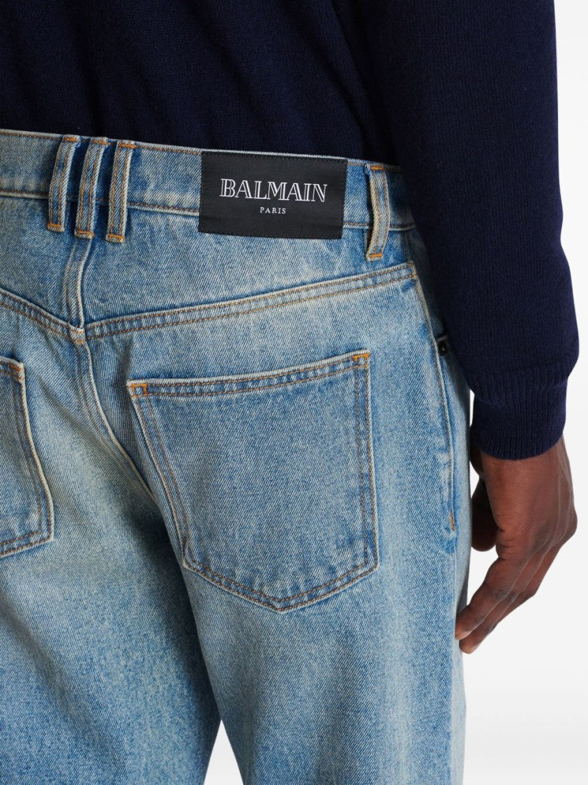 Balmain Blue Whiskering Straight-Leg Jeans