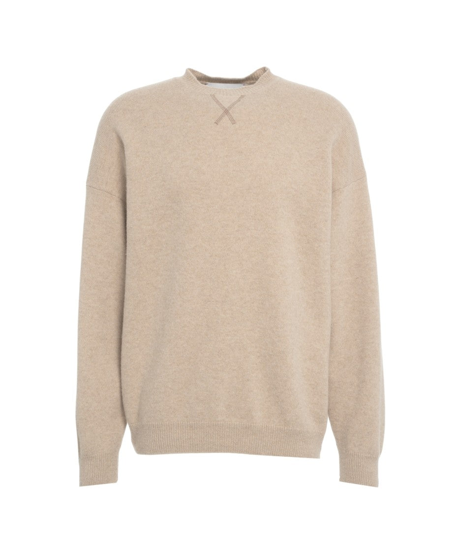 Amaranto Beige Wool Sweater With Round Neckline And Cross-Stitch Detail