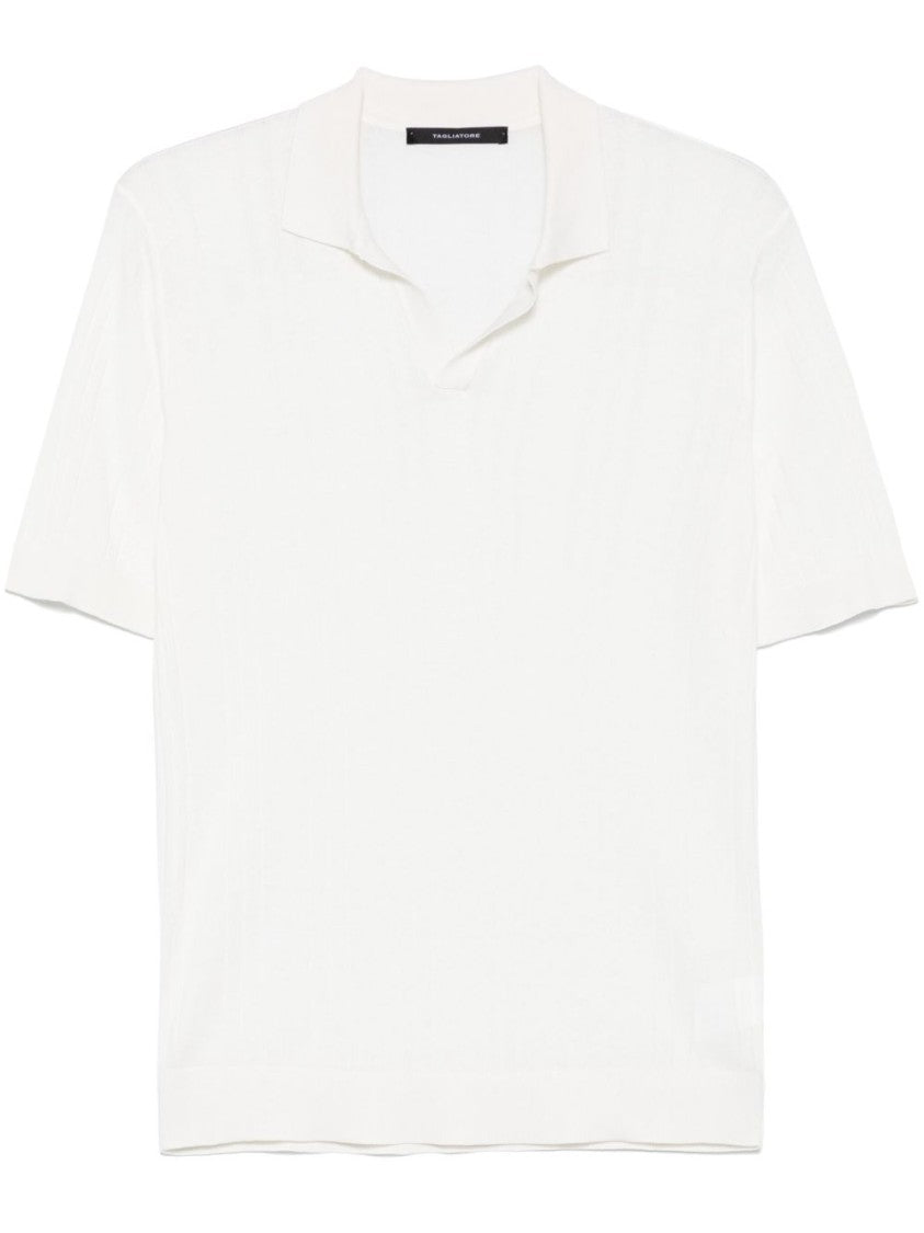 Tagliatore Silk White Polo T-Shirt With Ribbed Texture