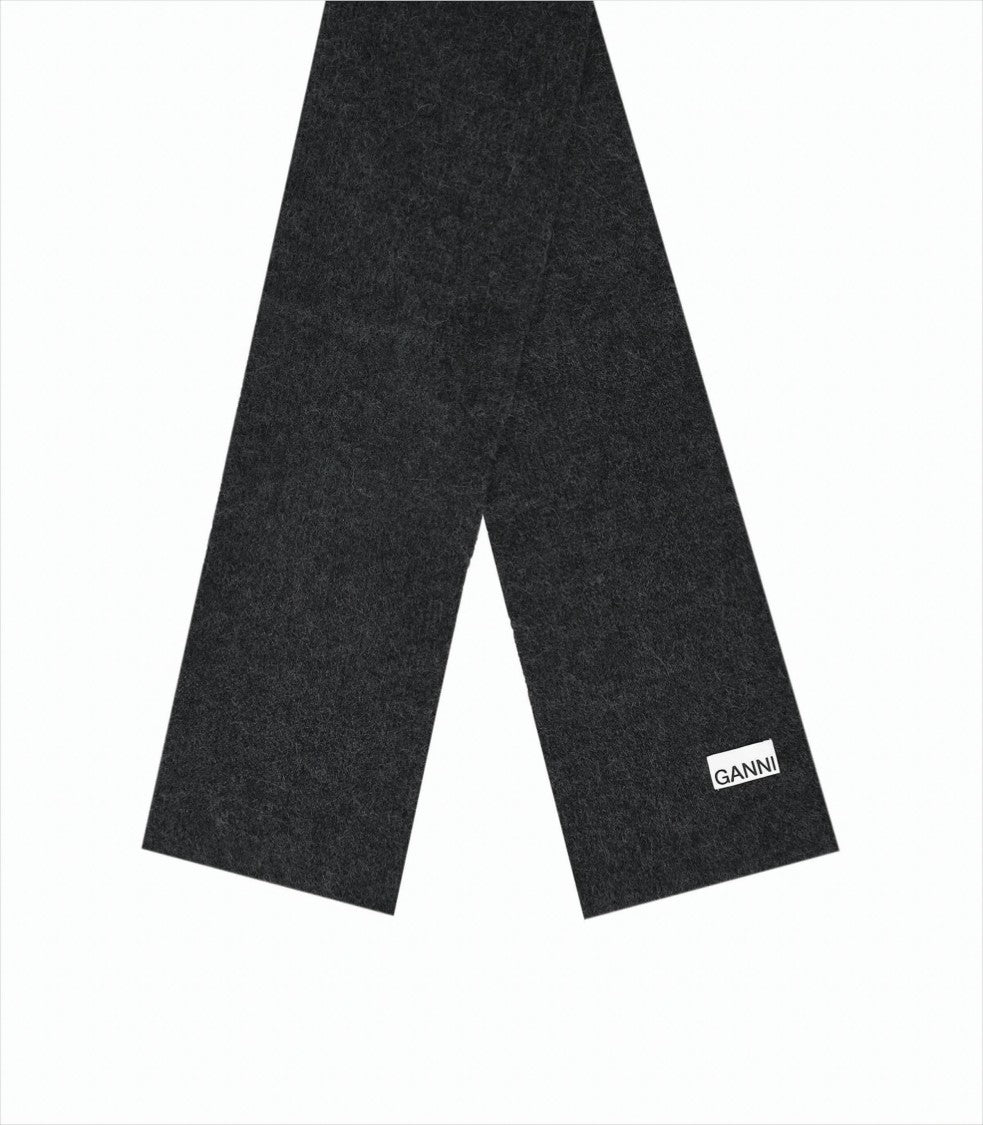 Ganni Rectangular Wool Scarf With Logo Detail