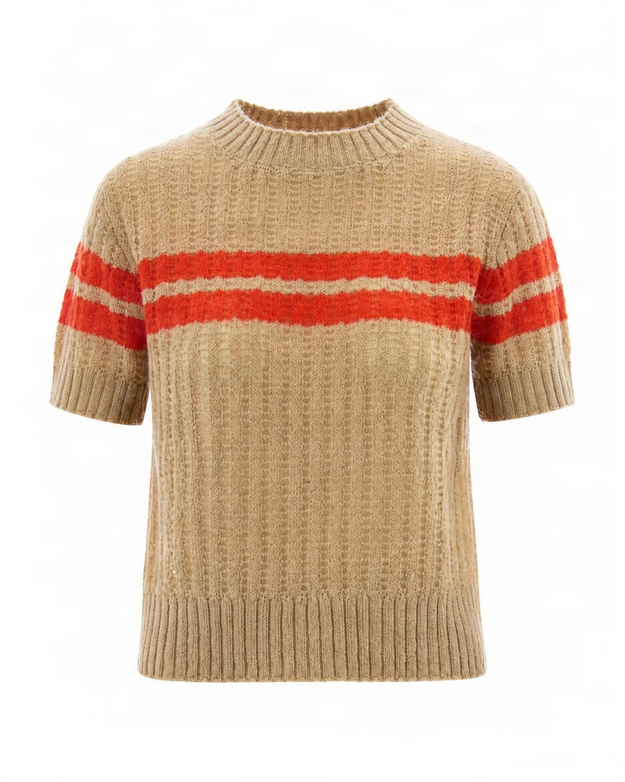 Patrizia Pepe Ribbed Knit Sweater With Horizontal Stripes And Crew Neckline