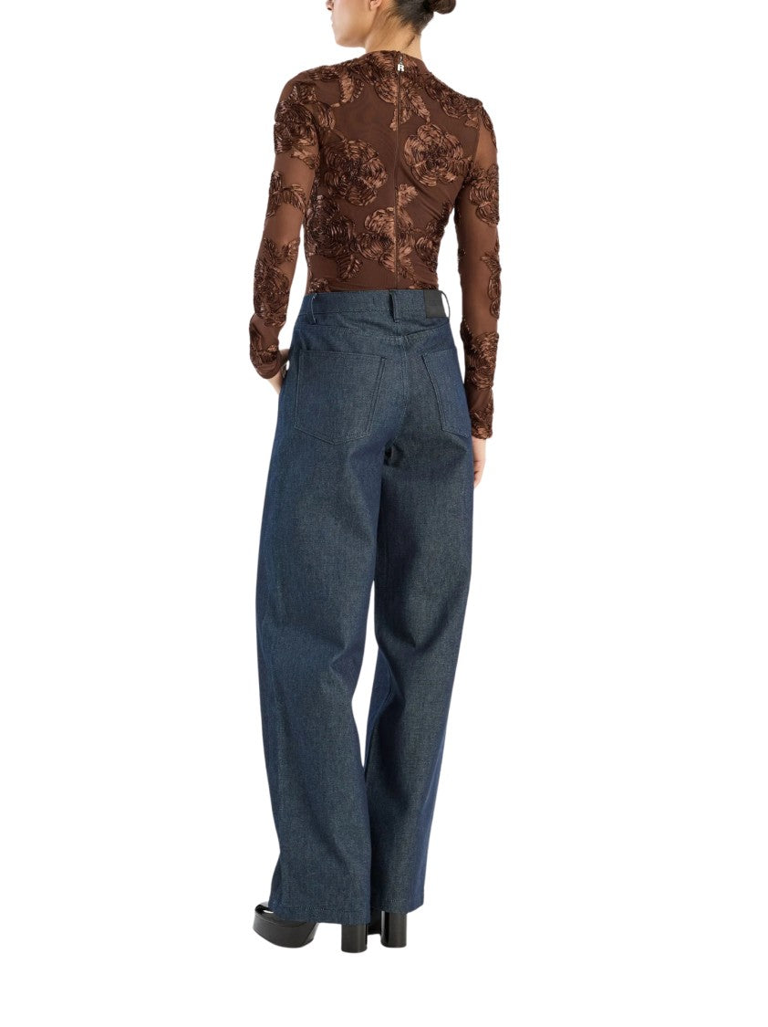 Rotate Floral Appliqué Sheer Mesh Long-Sleeve Top