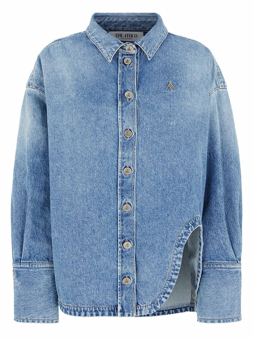 The Attico Light Blue Denim Shirt Jacket With Logo Embroidery