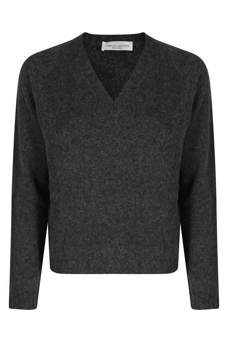 Roberto Collina Anthracite Scollo V Ml Cropped Wool-Blend Sweater