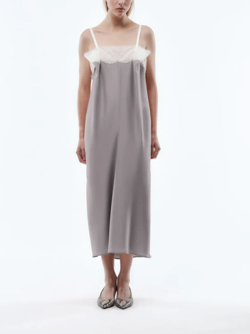 Carven Grey Lace Accent Silk Midi Dress