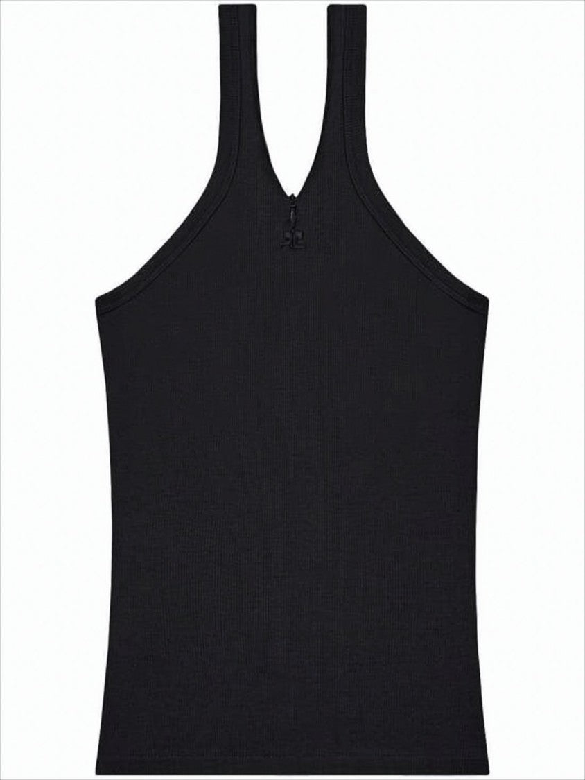Courrèges Fitted Black Sleeveless Ribbed Top With Subtle Zipper