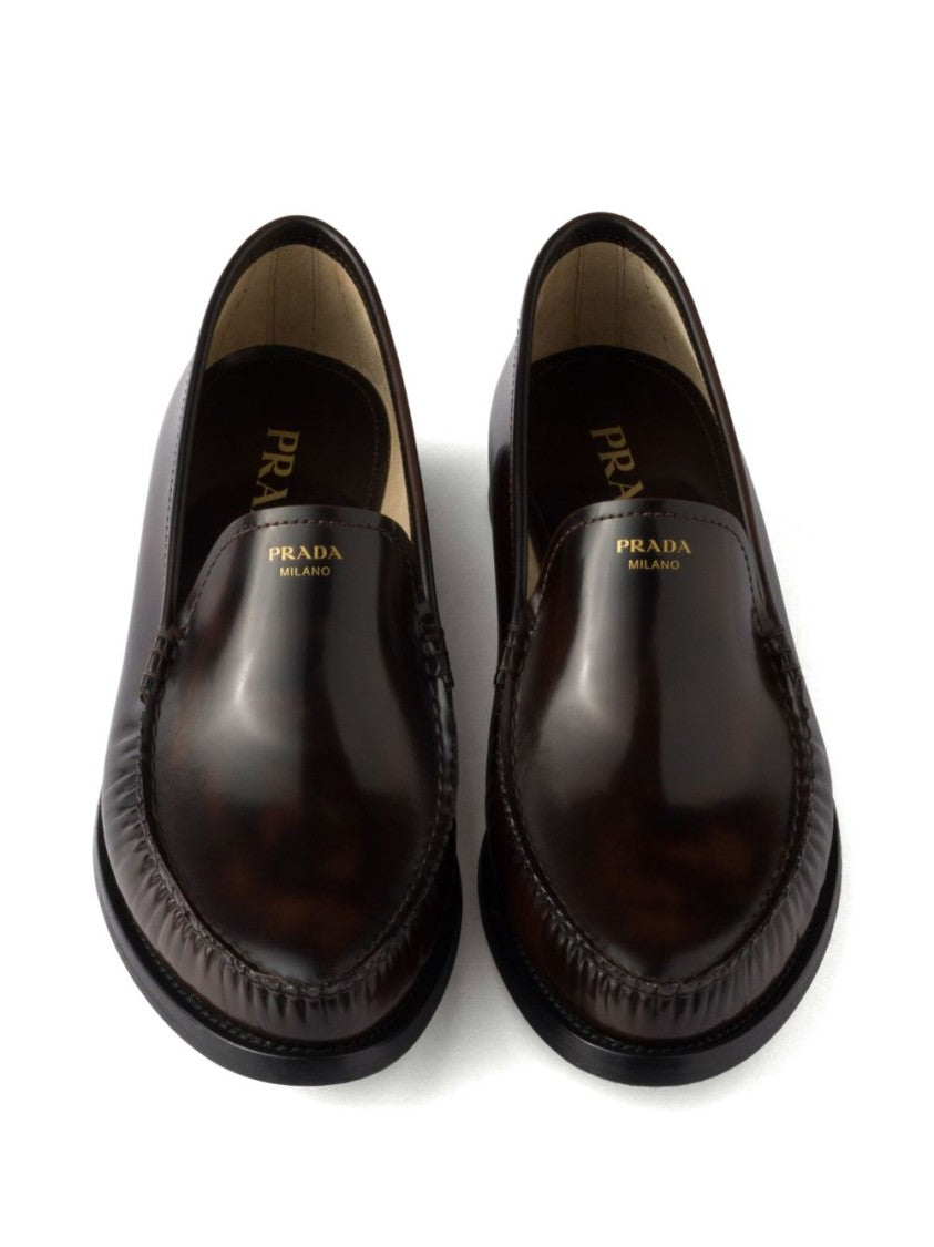 Prada Polished Leather Flat Shoes With Rounded Toe