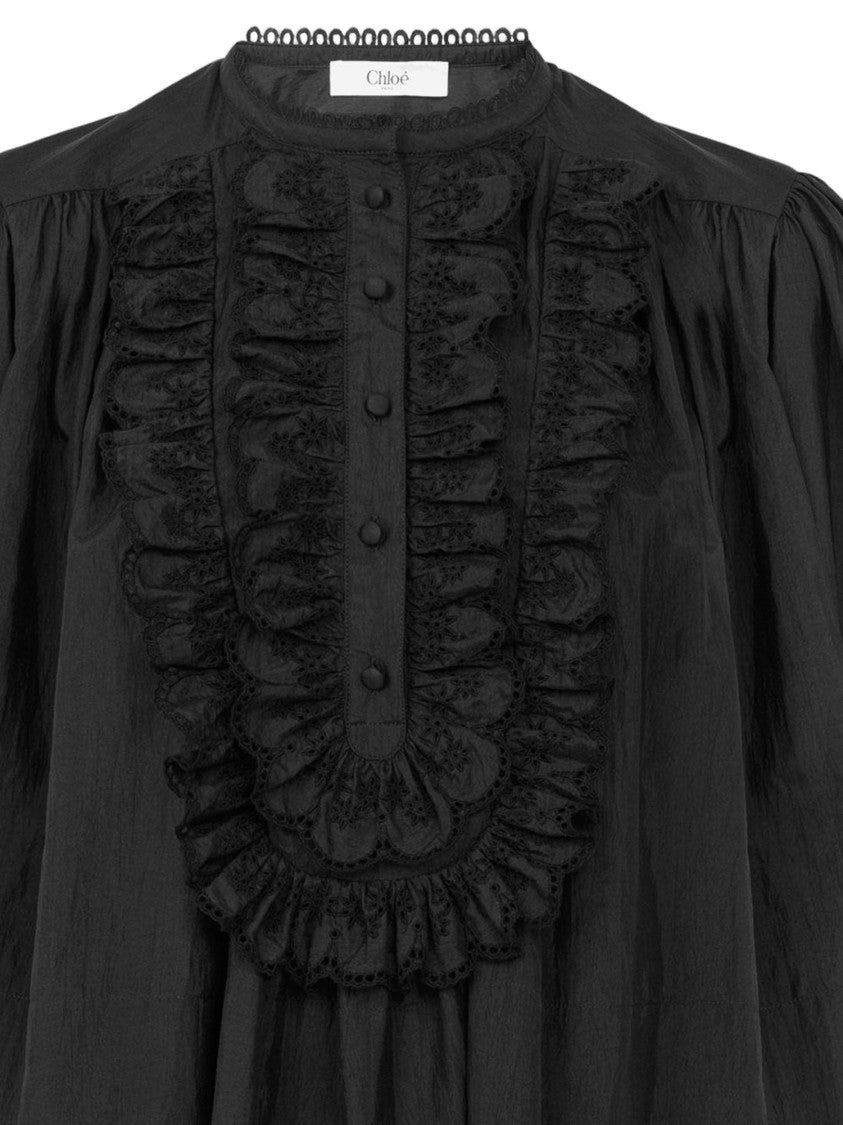 Chloé Loose Fit Black Top With Embroidered Plastron