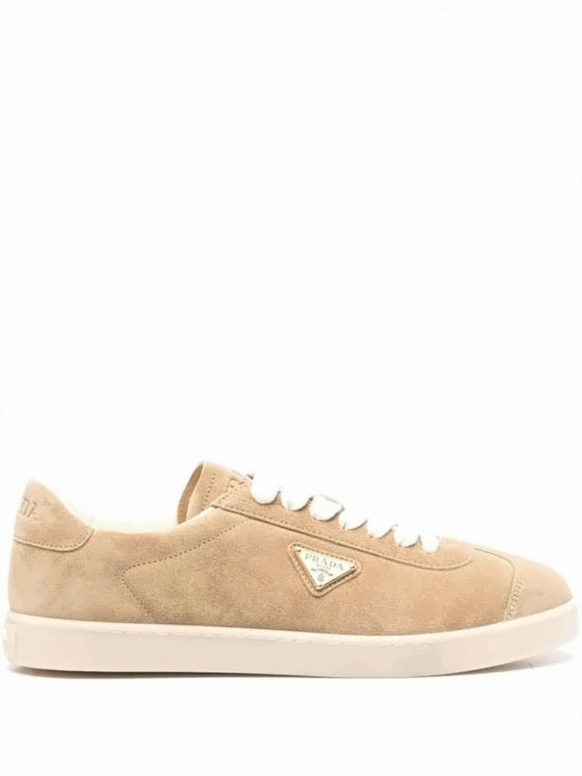 Prada Beige Suede Low-Top Sneakers With Iconic Triangular Logo
