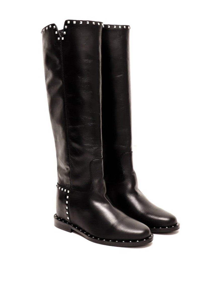 Via Roma 15 High Black Leather Boots With Silver Stud Accents