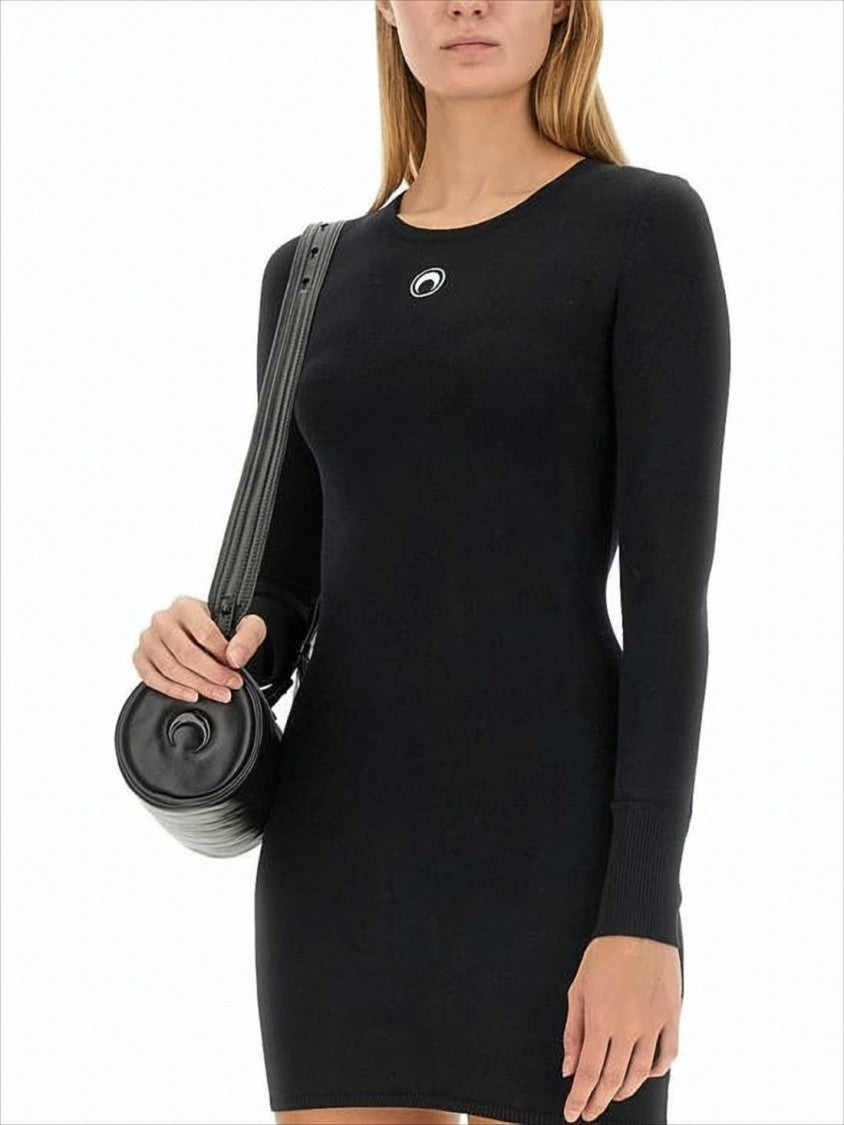 Marine Serre Fitted Black Mini Dress With Long Sleeves And Round Neckline