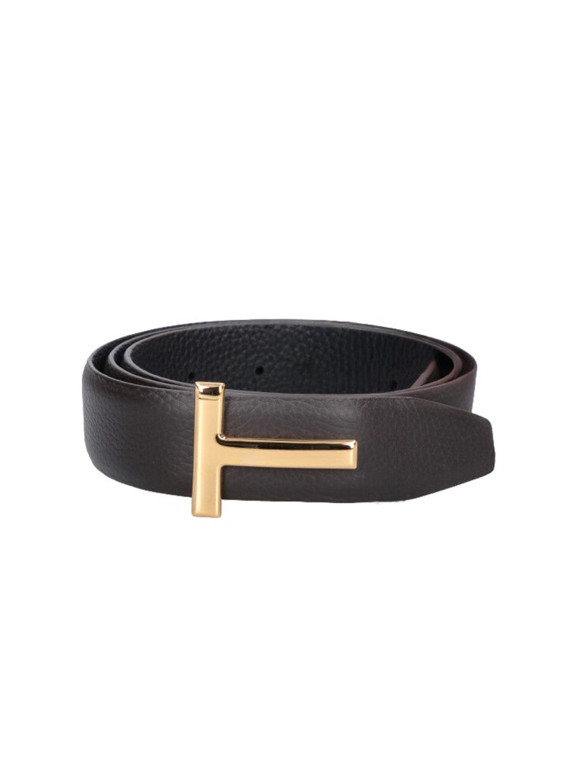 Tom Ford Dark Brown Hammered Leather T Icon Belt