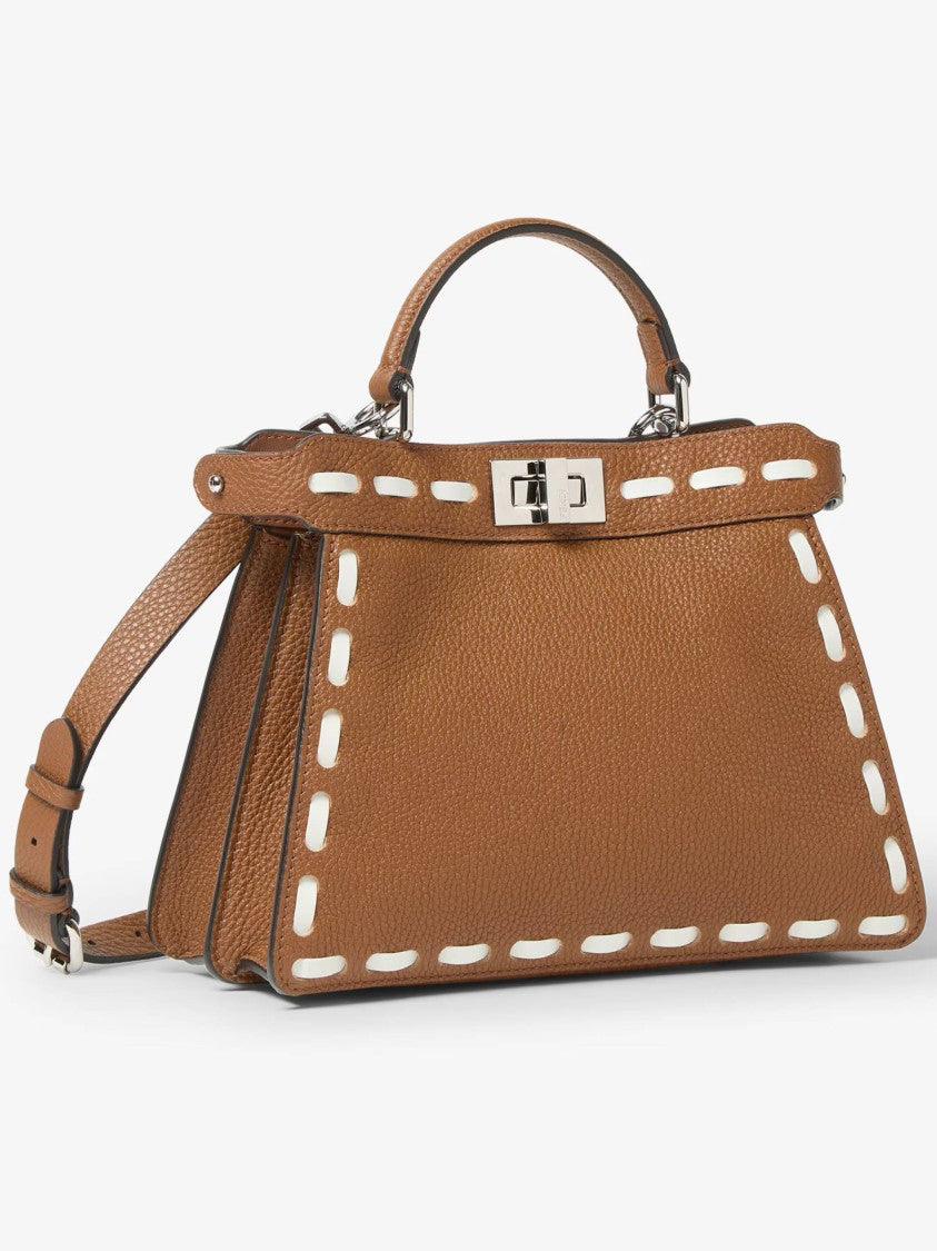 Fendi Trapezoidal Leather Handbag With Stitched Detailing And Silver-Tone Closure