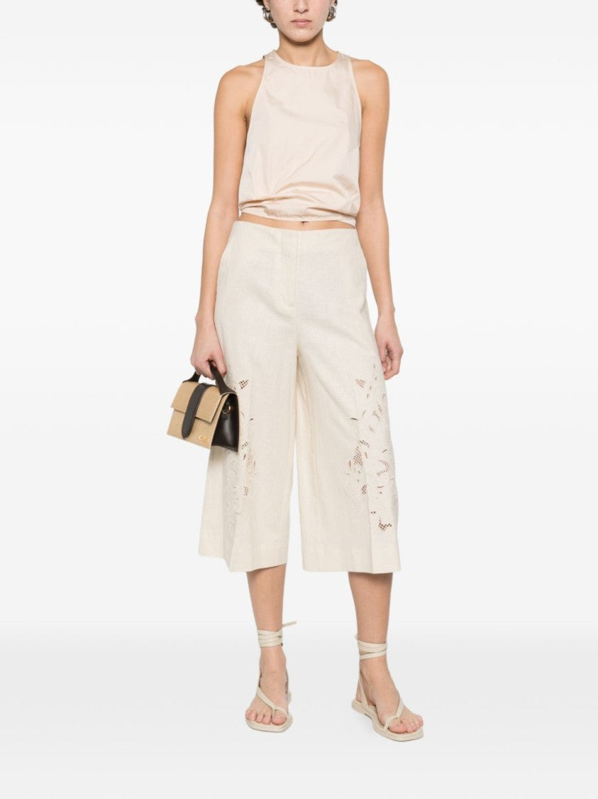 Twin-Set Wide-Leg Cropped Pants With Intricate Floral Embroidery