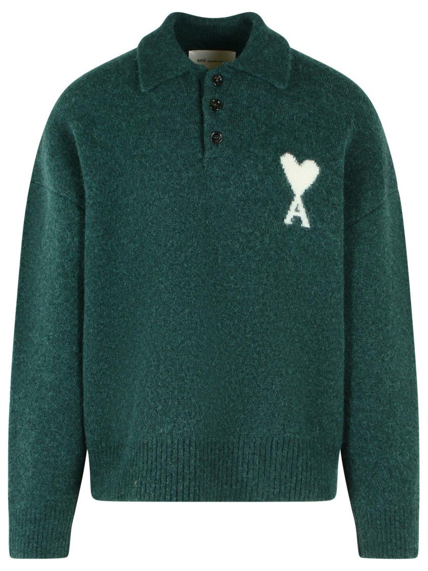 Ami Paris 'Ami De Cœur' Green Alpaca Polo Shirt
