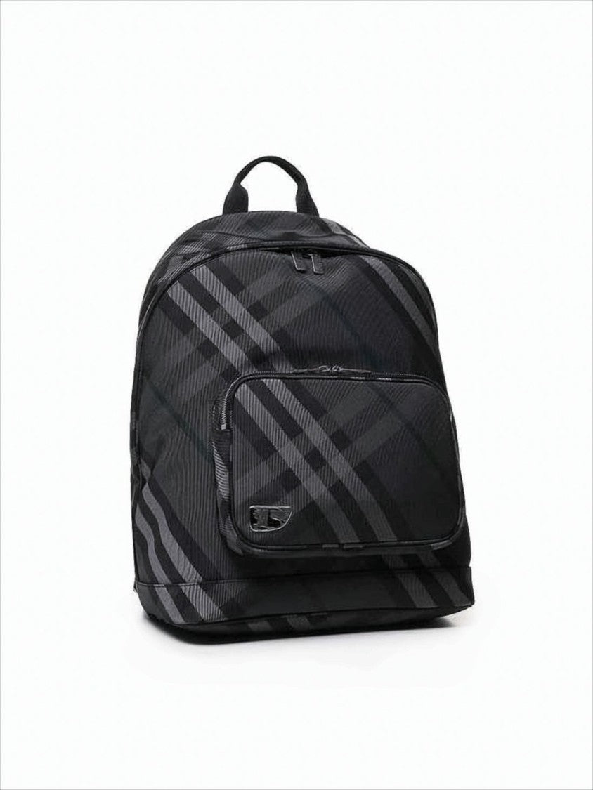 Burberry Structured Black Nylon Backpack With Checkered Pattern