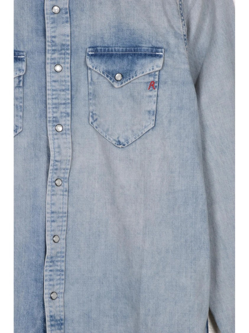 Replay Light Blue Snapped Cotton Denim Shirt