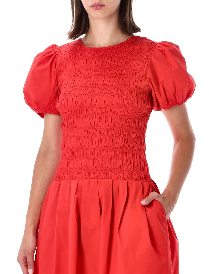 Ganni Midi Dress With Smocked Bodice And Pleated Skirt